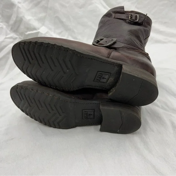 Frye harness buckle strap brown leather mid calf boots moto riding motorcycle 7B - Picture 6 of 16